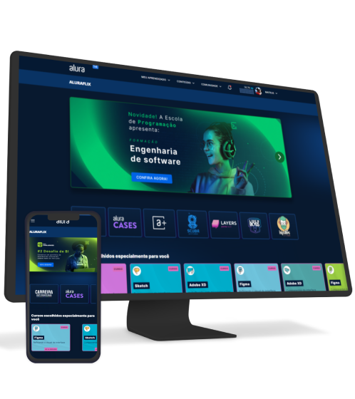 Uma ilustração contendo um monitor e um celular com o Alura+ aberto